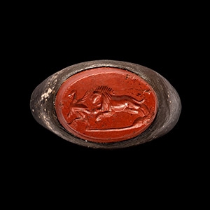 Roman Silver Ring with Lion Attacking a Bird Gemstone