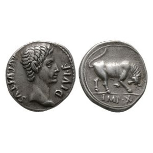 Ancient Roman Imperial Coins - Augustus - Butting Bull AR Denarius