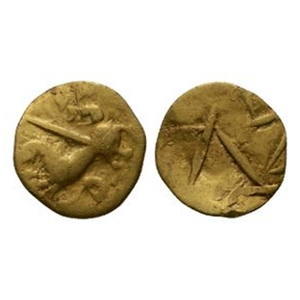 Celtic Iron Age Coins - Gallo-Belgic - Crossed Lines with Rider - AV Gold Quarter Stater