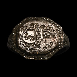 Tudor Period Large Bronze Glove Ring with Heraldic Arms