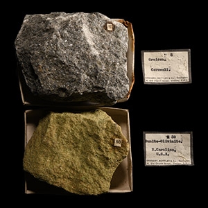 Natural History - Historic Boxed Greisen Mineral Sample From Cornwall and Dunite-Olivinite From North Carolina