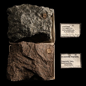 Natural History - Historic Boxed Diallage Pyroxenite and Phonolite Trachyte Mineral Samples From Ardnamurchan and Traprain Law, Haddington [2]