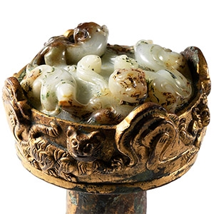 Chinese Han Gilded Bronze Sword Pommel with Jade