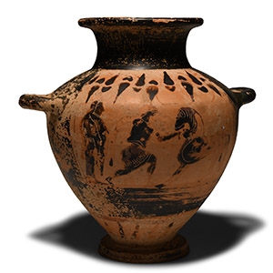 Greek Black Glazed Terracotta Hydria with Figures