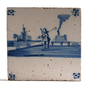 Dutch Glazed Ceramic Tile with Golf Scene