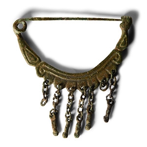 Etruscan Bronze Bow Brooch with Phallic Pendants
