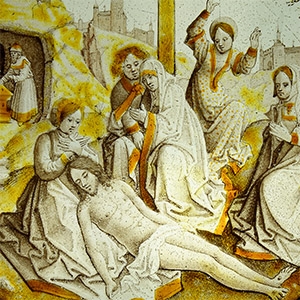 Medieval Stained Glass Panel of The Lamentation from the workshop of Jan van Diependaele