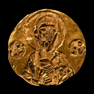Byzantine Gold Enamel Mount of a Standing Saint and Inscription