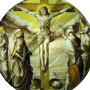 Medieval Stained Glass Panel with Crucifixion Scene
