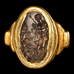 Gold Ring with Amethyst Gemstone with Mercury and Bacchus