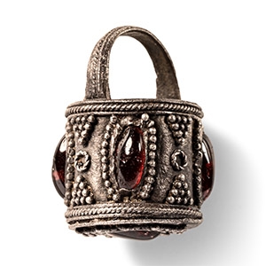 Pre Viking Scandinavian Silver Aroma Bucket Pendant with garnets