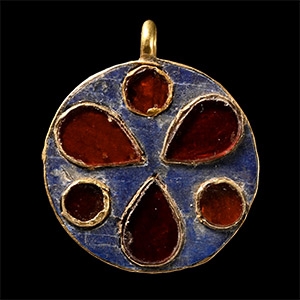 Western Asiatic Enamelled Gold Pendant with Inlaid Garnet