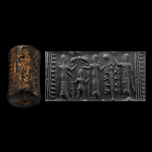 Mesopotamian Black Stone Cylinder Seal with Healing Scene
