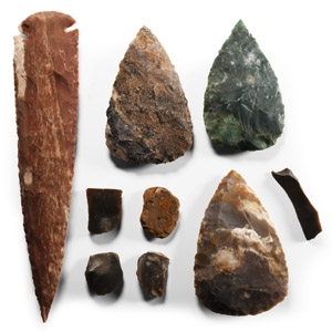 Stone Age Flint Scrapers with Reproduction Axes and Spearheads