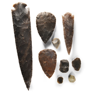 Stone Age Flint Scrapers with Reproduction Axes and Spearheads