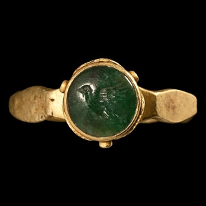 Byzantine Architectural Electrum Ring with Emerald Engraved with a Dove