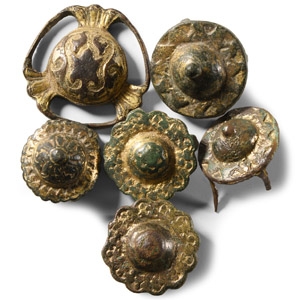Medieval Period Gilt Bronze Equine Bridle Junction and Mount Group