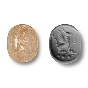 Egypto-Phoenician Rock Crystal Scaraboid with Winged Sphinx