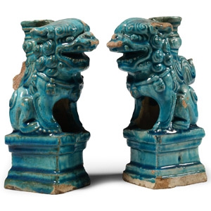 Chinese Ming Glazed Lion Candlestick Pair