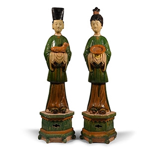 Large Chinese Ming Green Glazed Attendant Pair