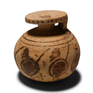Italo-Corinthian Terracotta Aryballos with Soldiers