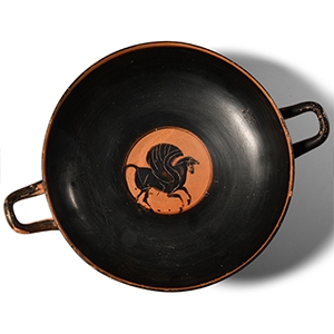 Attic Black Figure Kylix with Pegasus and Processional Scenes of Satyrs and Maenads