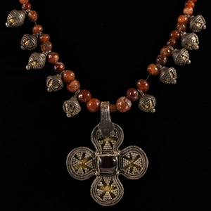 Slavic Silver and Carnelian Bead Necklace with Silver Cross Pendant