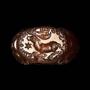 Sassanian Carnelian Stamp Seal with Stag and Inscription