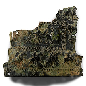 Urartu Bronze Repoussé Fragment with Advancing Warriors on Horseback