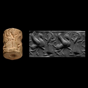 Central Asian Chert Cylinder Seal with Hero and Monster