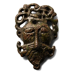 The Ferryhill Anglo-Scandinavian Viking Bronze Three-Dimensional Urnes Stirrup-Type Mount with Head of Odin