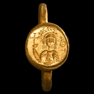 Byzantine Gold Ring with Figure Holding a Cross
