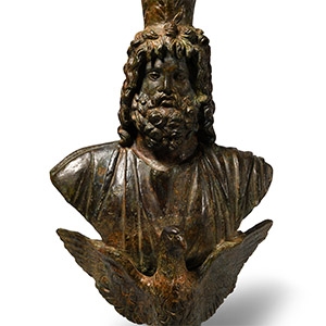 Large Roman Bronze Staff Finial with Bust of Serapis