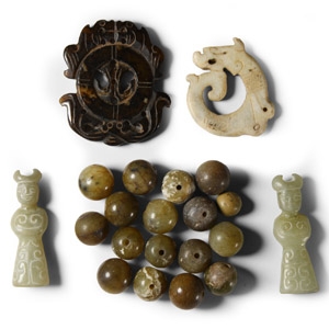 Chinese Green Stone Bead and Pendant Group