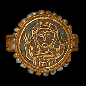 Gold Ring with Pearls and Later Cloisonne Enamelled Figure
