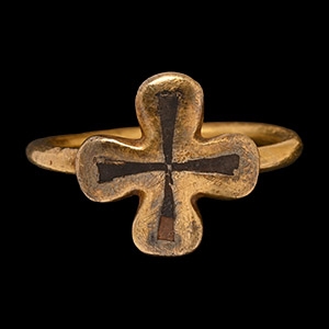 Byzantine Style Gold Ring with Inlaid Niello Cross