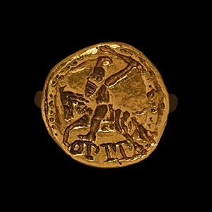 Medieval Style Gold Signet Ring with Knight on Horseback