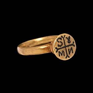 Byzantine Style Gold Ring with Niello Cruciform Monogram