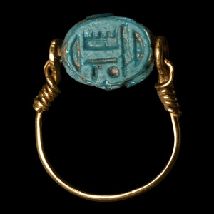 Bright Blue Faience Scarab in Gold Ring