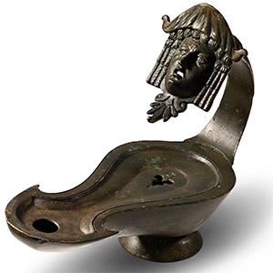 Bronze Oil Lamp with Actors Mask