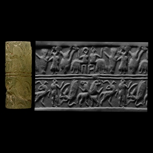 Mesopotamian Cylinder Seal with Drinking and Animal Combat Scenes