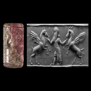 Mesopotamian Amethyst Cylinder Seal with Bearded God