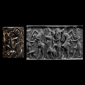 Large Akkadian Cylinder Seal with Bull-Men Contest Scenes