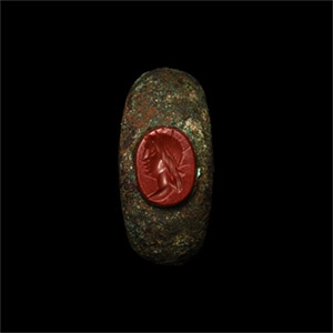 Roman Bronze Ring with Bust of Sol Gemstone