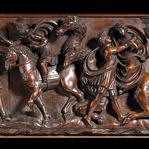 Renaissance Framed Wooden Panel with Horse and Figures