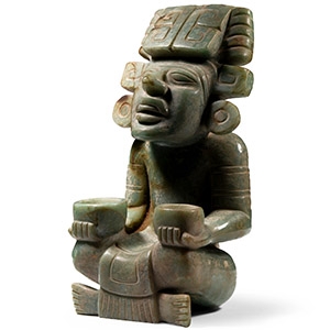 Mesoamerican Aztec Jadeite Seated Figure with Offering Bowls