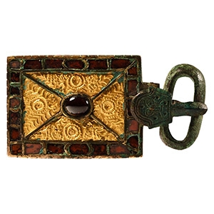 Bronze Belt Buckle with Gold and Garnet Inlays