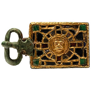 Bronze Belt Buckle with Gold and Garnet Inlays