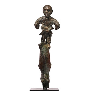 Roman Bronze Grotesque Silenus on Dolphin Handle