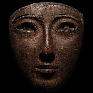Wooden Mummy Mask with Egyptian Blue Inlaid Eyebrows